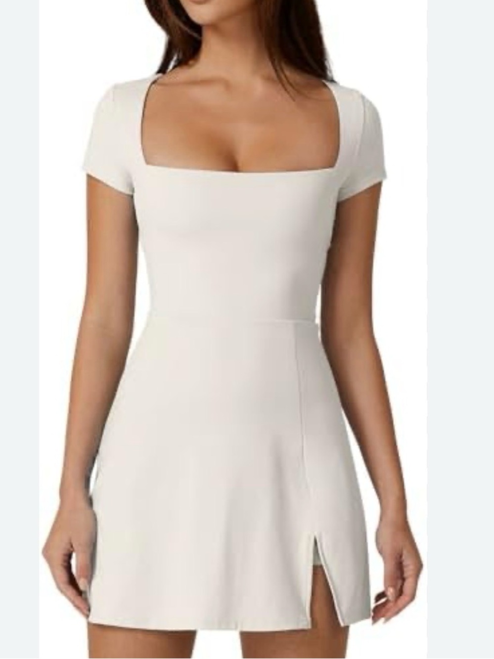 Square Neck Short Sleeve Mini Dress in White